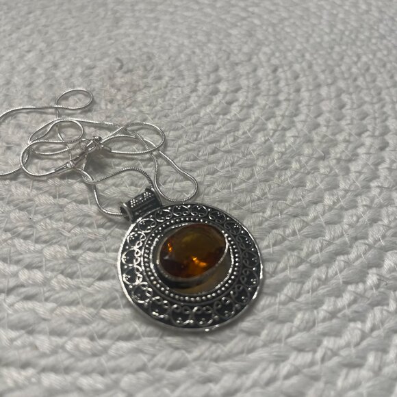 Gorgeous DEEP CITRINE FILIGREE Handmade Sterling 925 Pendant/Chain #921D - Picture 3 of 3